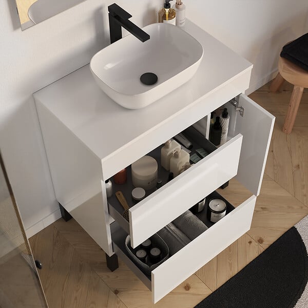 COSYNEO - Meuble de salle de bain 70cm avec plateau et vasque à poser arrondie - porte et tiroirs - sans miroir - blanc brillant - LAZARO - large