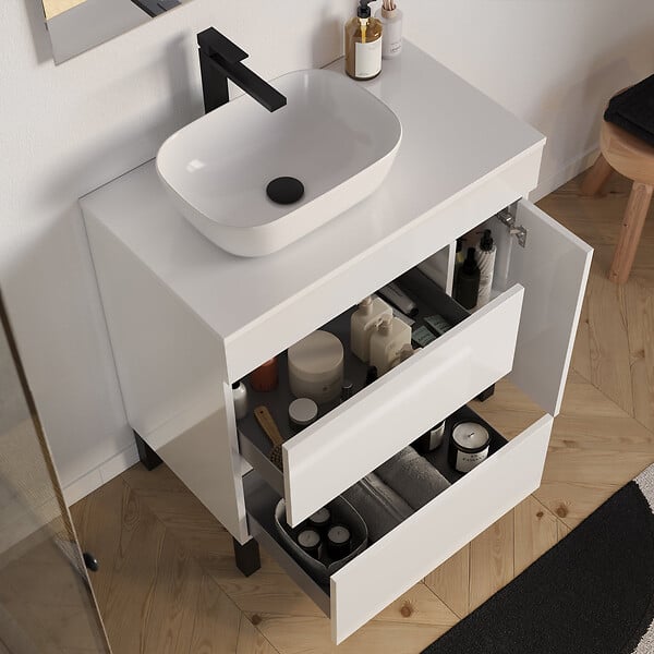 COSYNEO - Meuble de salle de bain 70cm avec plateau et vasque à poser arrondie - porte et tiroirs - sans miroir - blanc brillant - LAZARO - large