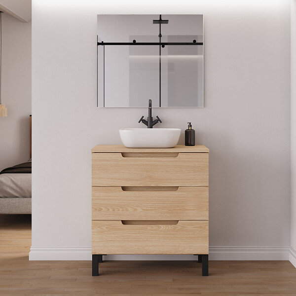 COSYNEO - Meuble de salle de bain 80cm avec plateau et vasque à poser arrondie - sans miroir - 3 tiroirs - roble era (chêne clair) - RIZA - large