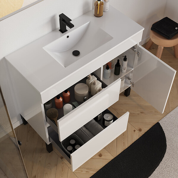 COSYNEO - Meuble de salle de bain 90cm simple vasque sur pieds avec porte et tiroirs - sans miroir - blanc brillant - LAZARO - large