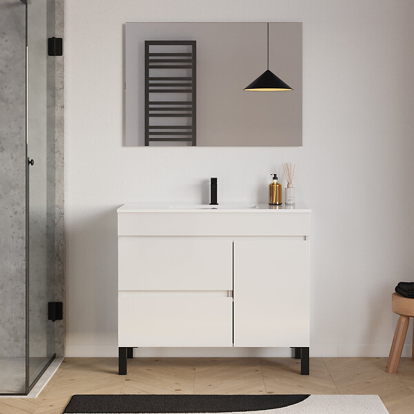 COSYNEO - Meuble de salle de bain 90cm simple vasque sur pieds avec porte et tiroirs - sans miroir - blanc brillant - LAZARO - large