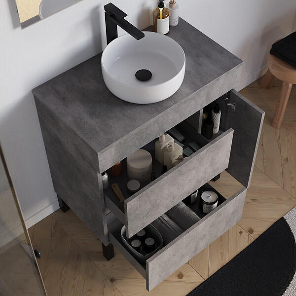 COSYNEO - Meuble de salle de bain 80cm avec plateau et vasque à poser ronde - porte et tiroirs - sans miroir - ciment (gris) - LAZARO - large