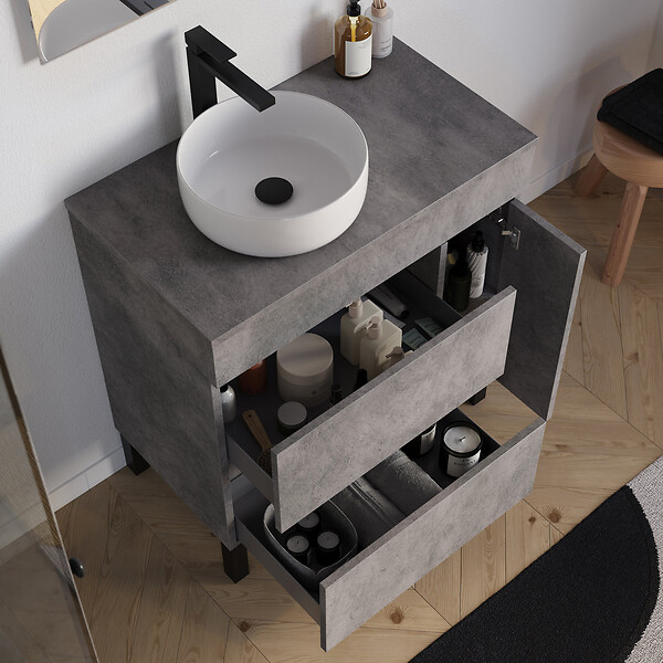 COSYNEO - Meuble de salle de bain 80cm avec plateau et vasque à poser ronde - porte et tiroirs - sans miroir - ciment (gris) - LAZARO - large