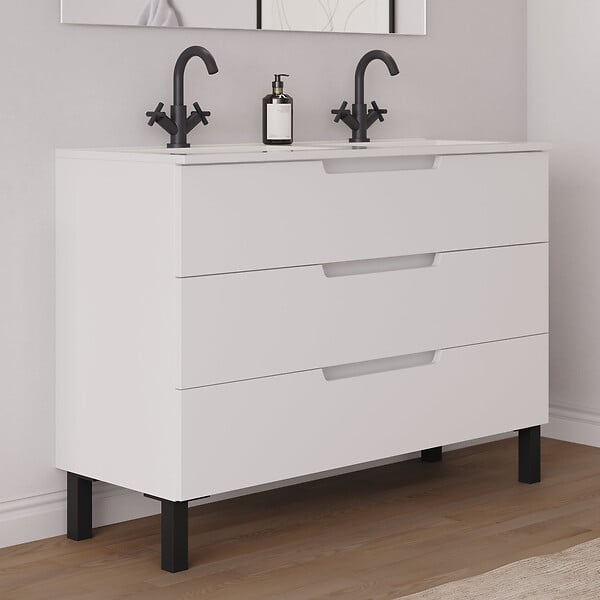 COSYNEO - Meuble de salle de bain 120cm double vasque - 3 tiroirs - sans miroir - blanc mat - RIZA - large