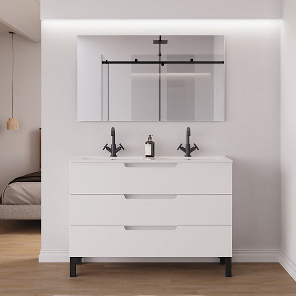 COSYNEO - Meuble de salle de bain 120cm double vasque - 3 tiroirs - sans miroir - blanc mat - RIZA - large