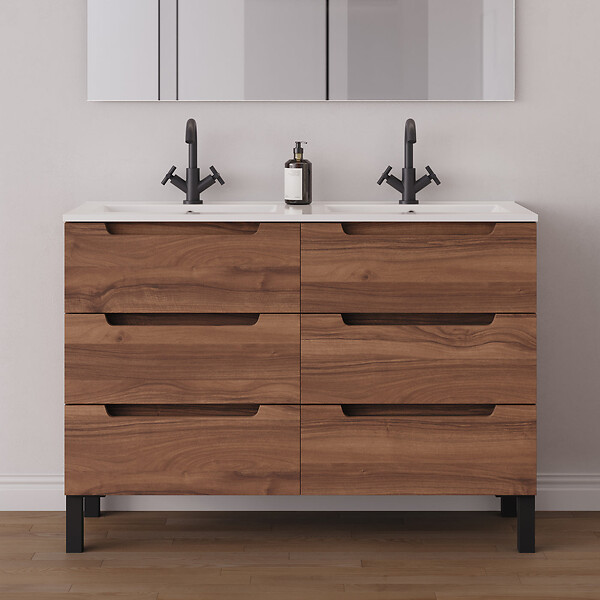COSYNEO - Meuble de salle de bain 140cm double vasque - 6 tiroirs - noyer (bois foncé) - RIZA - large