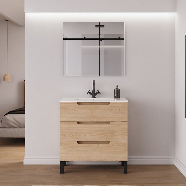 COSYNEO - Meuble de salle de bain 80cm simple vasque - sans miroir - 3 tiroirs - roble era (chêne clair) - RIZA - large