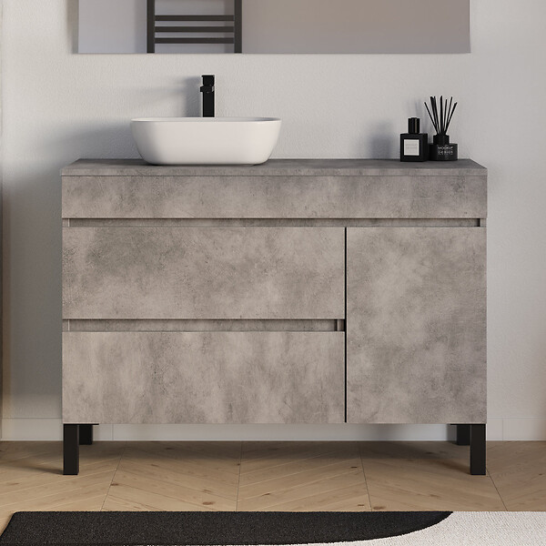 COSYNEO - Meuble de salle de bain 120cm avec plateau et vasque à poser arrondie - porte et tiroirs - sans miroir - ciment (gris) - LAZARO - large
