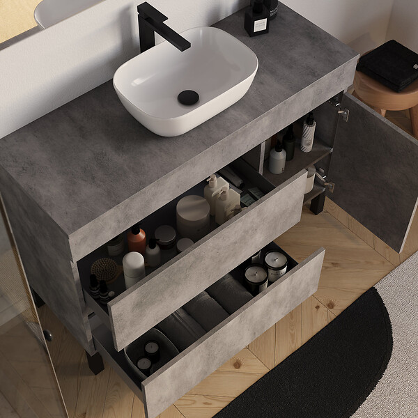 COSYNEO - Meuble de salle de bain 120cm avec plateau et vasque à poser arrondie - porte et tiroirs - sans miroir - ciment (gris) - LAZARO - large