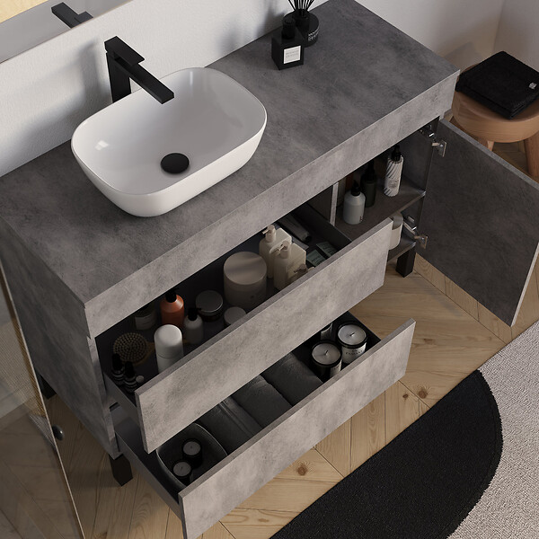 COSYNEO - Meuble de salle de bain 120cm avec plateau et vasque à poser arrondie - porte et tiroirs - sans miroir - ciment (gris) - LAZARO - large