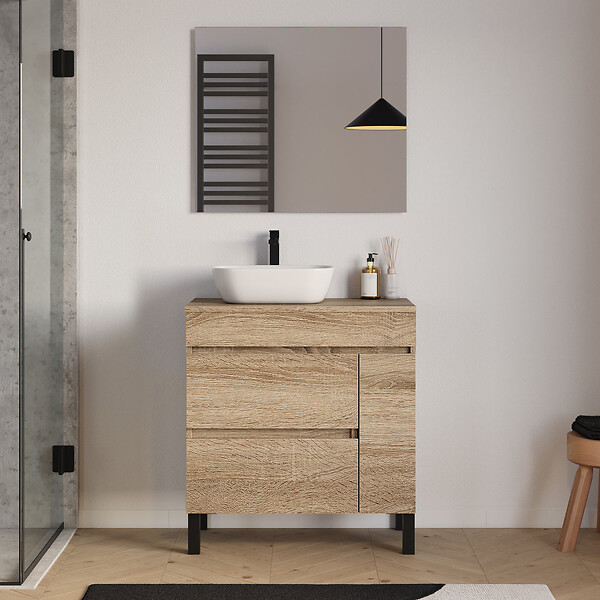 COSYNEO - Meuble de salle de bain 80cm avec plateau et vasque à poser arrondie - porte et tiroirs - cambrian (chêne clair) - LAZARO - large
