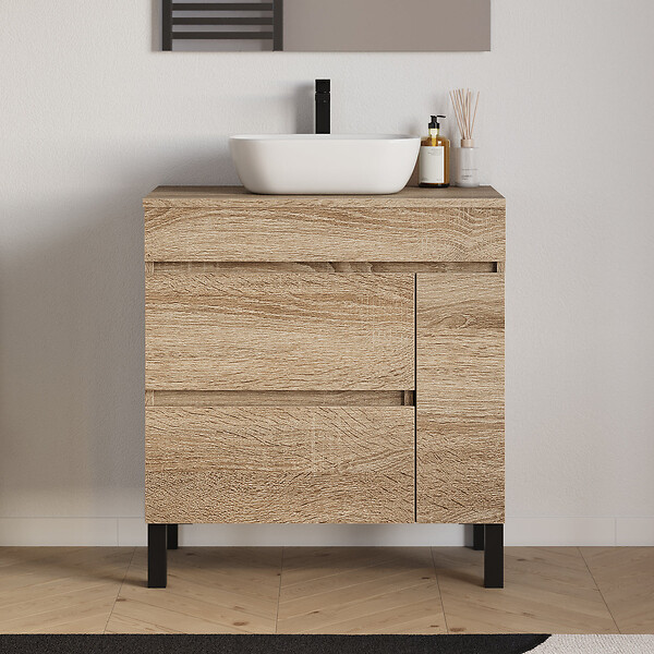 COSYNEO - Meuble de salle de bain 80cm avec plateau et vasque à poser arrondie - porte et tiroirs - cambrian (chêne clair) - LAZARO - large