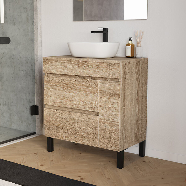 COSYNEO - Meuble de salle de bain 80cm avec plateau et vasque à poser arrondie - porte et tiroirs - cambrian (chêne clair) - LAZARO - large