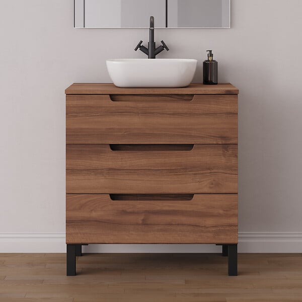 COSYNEO - Meuble de salle de bain 60cm avec plateau et vasque à poser arrondie - 3 tiroirs - noyer (bois foncé) - RIZA - large