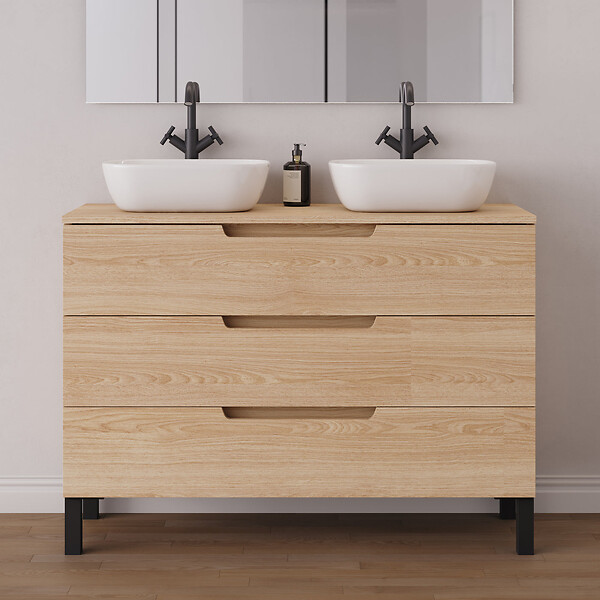 COSYNEO - Meuble de salle de bain 120cm avec plateau et 2 vasques à poser arrondies - 3 tiroirs - roble era (chêne clair) - RIZA - large