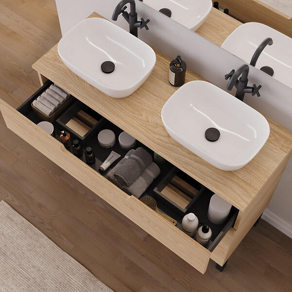 COSYNEO - Meuble de salle de bain 120cm avec plateau et 2 vasques à poser arrondies - 3 tiroirs - roble era (chêne clair) - RIZA - large
