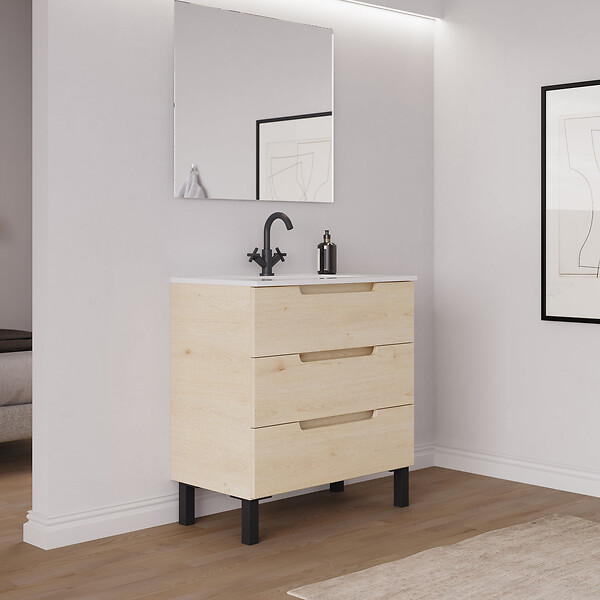 COSYNEO - Meuble de salle de bain 80cm simple vasque - sans miroir - 3 tiroirs - roble calima (bois clair) - RIZA - large