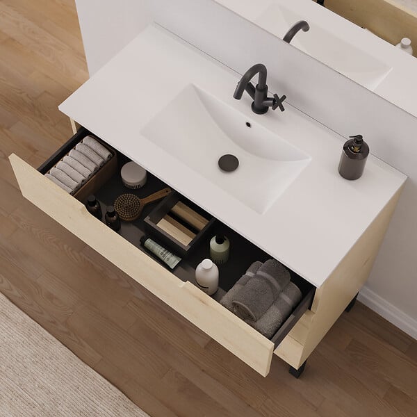 COSYNEO - Meuble de salle de bain 90cm simple vasque - 3 tiroirs - roble calima (bois clair) - RIZA - large
