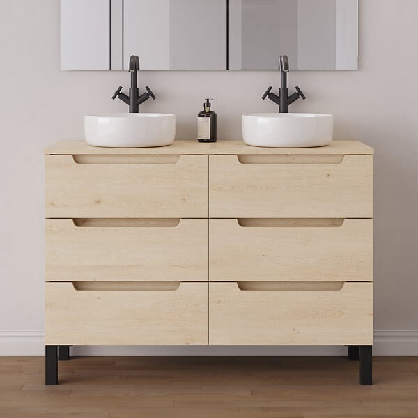 COSYNEO - Meuble de salle de bain 140cm avec plateau et 2 vasques à poser rondes - 6 tiroirs - roble calima (bois clair) - RIZA - large