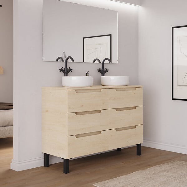 COSYNEO - Meuble de salle de bain 140cm avec plateau et 2 vasques à poser rondes - 6 tiroirs - roble calima (bois clair) - RIZA - large