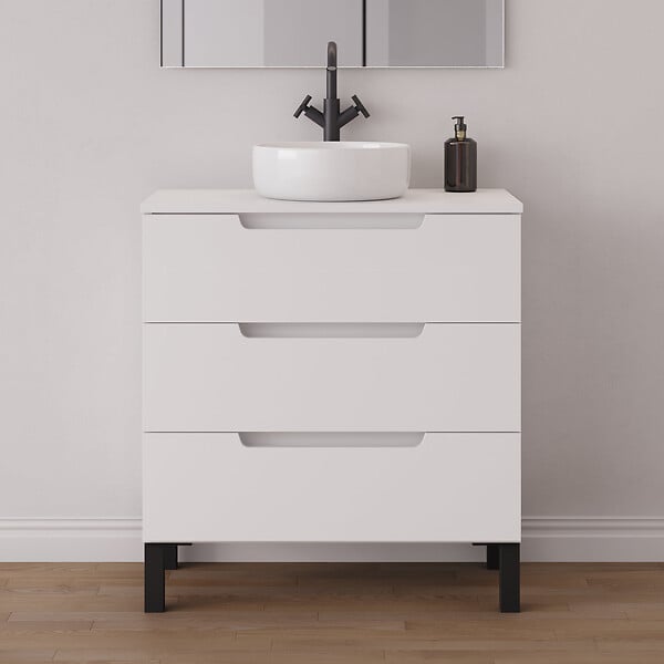 COSYNEO - Meuble de salle de bain 80cm avec plateau et vasque à poser ronde - 3 tiroirs - blanc mat - RIZA - large
