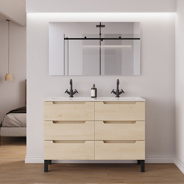 COSYNEO - Meuble de salle de bain 120cm double vasque - 6 tiroirs - sans miroir - roble calima (bois clair) - RIZA - large