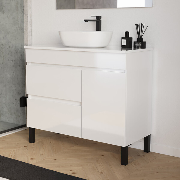 COSYNEO - Meuble de salle de bain 100cm avec plateau et vasque à poser arrondie - porte et tiroirs - sans miroir - blanc brillant - LAZARO - large