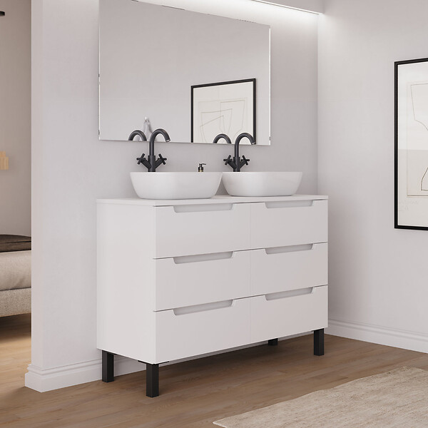 COSYNEO - Meuble de salle de bain 140cm avec plateau et 2 vasques à poser arrondies - 6 tiroirs - blanc mat - RIZA - large