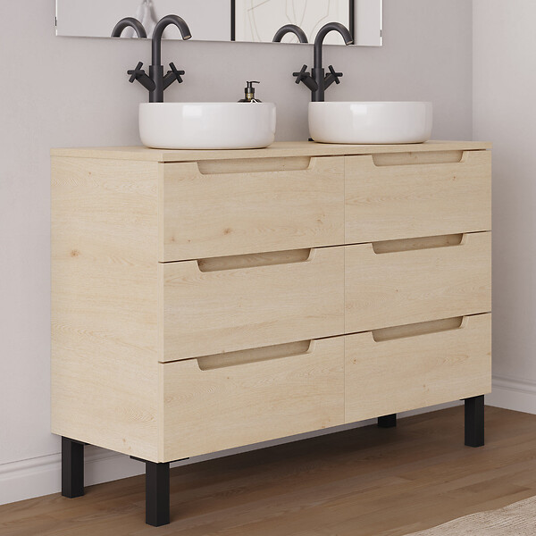 COSYNEO - Meuble de salle de bain 120cm avec plateau et 2 vasques à poser rondes - 6 tiroirs - roble calima (bois clair) - RIZA - large
