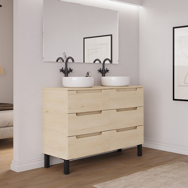 COSYNEO - Meuble de salle de bain 120cm avec plateau et 2 vasques à poser rondes - 6 tiroirs - roble calima (bois clair) - RIZA - large