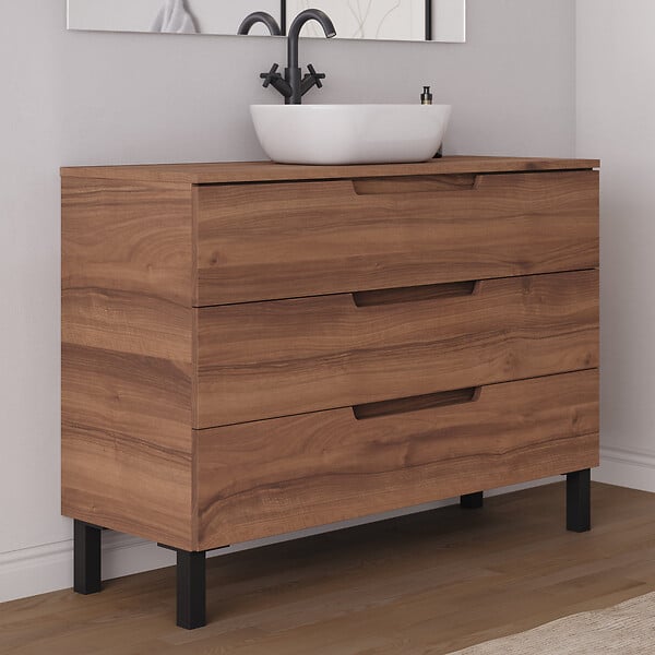 COSYNEO - Meuble de salle de bain 120cm avec plateau et vasque à poser arrondie - 3 tiroirs - noyer (bois foncé) - RIZA - large