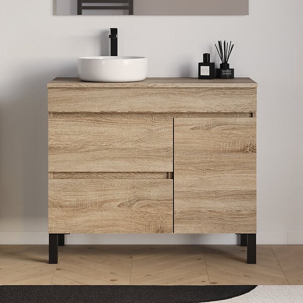 COSYNEO - Meuble de salle de bain 90cm avec plateau et vasque à poser ronde - porte et tiroirs - sans miroir - cambrian (chêne clair) - LAZARO - large