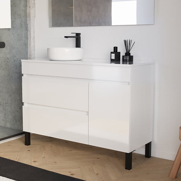 COSYNEO - Meuble de salle de bain 120cm avec plateau et vasque à poser ronde - porte et tiroirs - sans miroir - blanc brillant - LAZARO - large