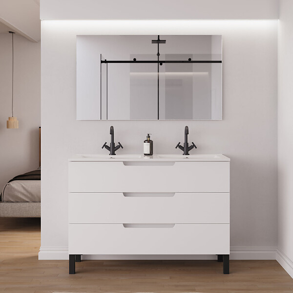COSYNEO - Meuble de salle de bain 120cm double vasque - 3 tiroirs - blanc mat - RIZA - large