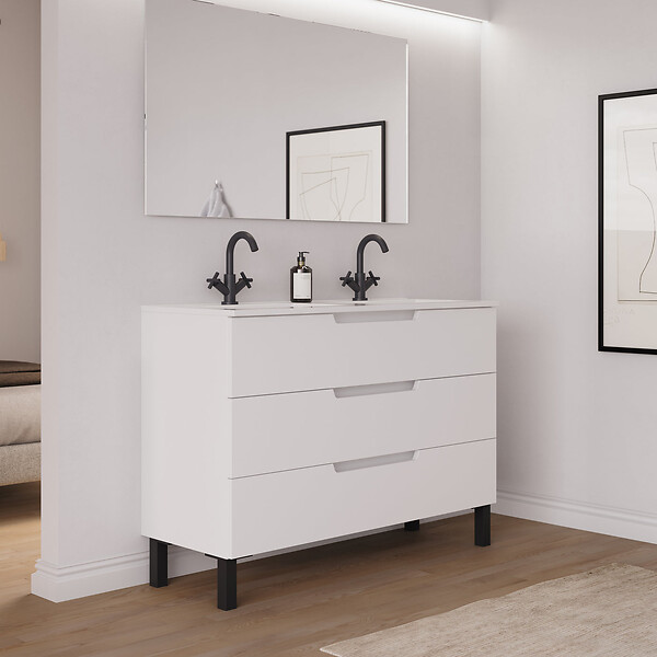 COSYNEO - Meuble de salle de bain 120cm double vasque - 3 tiroirs - blanc mat - RIZA - large