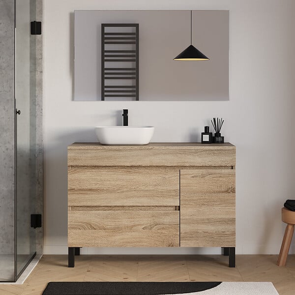 COSYNEO - Meuble de salle de bain 120cm avec plateau et vasque à poser arrondie - porte et tiroirs - cambrian (chêne clair) - LAZARO - large