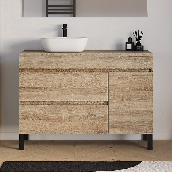 COSYNEO - Meuble de salle de bain 120cm avec plateau et vasque à poser arrondie - porte et tiroirs - cambrian (chêne clair) - LAZARO - large