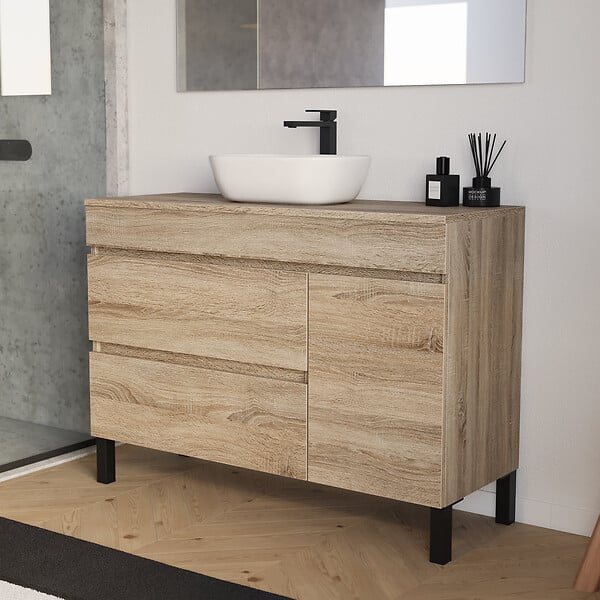 COSYNEO - Meuble de salle de bain 120cm avec plateau et vasque à poser arrondie - porte et tiroirs - cambrian (chêne clair) - LAZARO - large