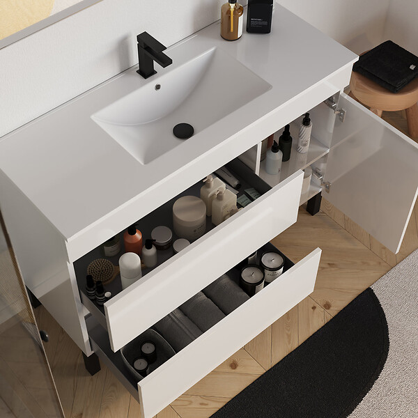 COSYNEO - Meuble de salle de bain 120cm simple vasque sur pieds avec porte et tiroirs - sans miroir - blanc brillant - LAZARO - large