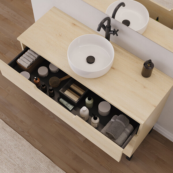 COSYNEO - Meuble de salle de bain 120cm avec plateau et vasque à poser ronde - 3 tiroirs - sans miroir - roble calima (bois clair) - RIZA - large