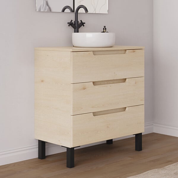 COSYNEO - Meuble de salle de bain 60cm avec plateau et vasque à poser ronde - sans miroir - 3 tiroirs - roble calima (bois clair) - RIZA - large