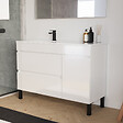 COSYNEO - Meuble de salle de bain 120cm sur pieds avec vasque déportée à gauche - sans miroir - porte et tiroirs - blanc brillant - LAZARO - vignette