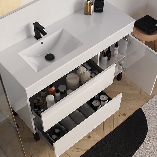COSYNEO - Meuble de salle de bain 120cm sur pieds avec vasque déportée à gauche - sans miroir - porte et tiroirs - blanc brillant - LAZARO - large