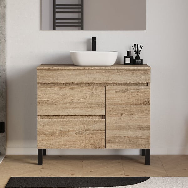 COSYNEO - Meuble de salle de bain 90cm avec plateau et vasque à poser arrondie - porte et tiroirs - cambrian (chêne clair) - LAZARO - large