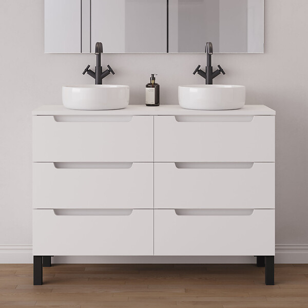 COSYNEO - Meuble de salle de bain 120cm avec plateau et 2 vasques à poser rondes - 6 tiroirs - blanc mat - RIZA - large