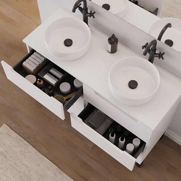 COSYNEO - Meuble de salle de bain 120cm avec plateau et 2 vasques à poser rondes - 6 tiroirs - blanc mat - RIZA - large