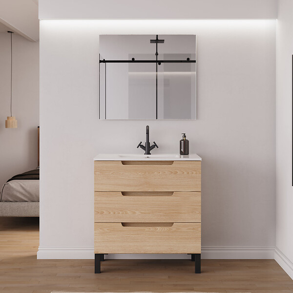 COSYNEO - Meuble de salle de bain 60cm simple vasque - sans miroir - 3 tiroirs - roble era (chêne clair) - RIZA - large