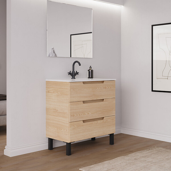 COSYNEO - Meuble de salle de bain 60cm simple vasque - sans miroir - 3 tiroirs - roble era (chêne clair) - RIZA - large