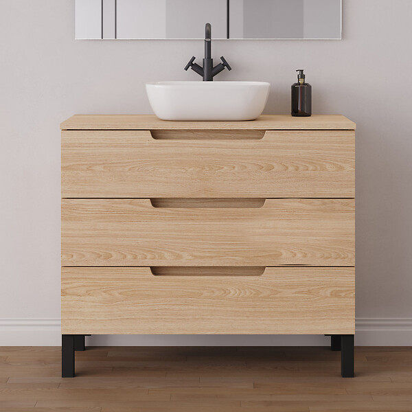 COSYNEO - Meuble de salle de bain 90cm avec plateau et vasque à poser arrondie - 3 tiroirs - roble era (chêne clair) - RIZA - large