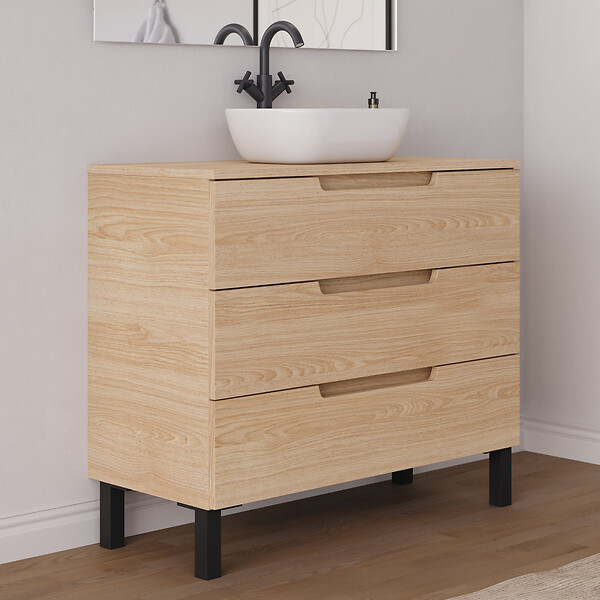 COSYNEO - Meuble de salle de bain 90cm avec plateau et vasque à poser arrondie - 3 tiroirs - roble era (chêne clair) - RIZA - large